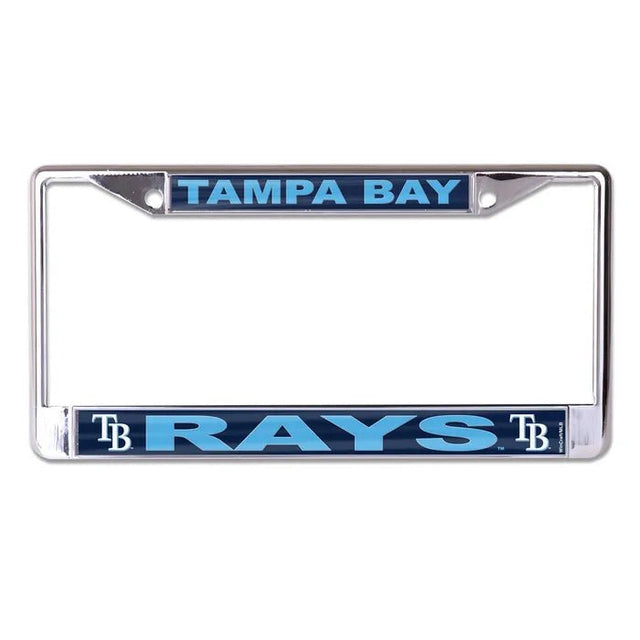 Front view of a New York Yankees license plate frame showcasing silver trim and team graphics with a white background