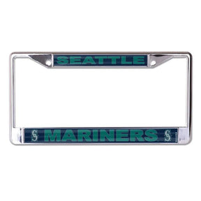 Front view of MLB license plate frame showcasing Pittsburgh Pirates lettering and logos on a chrome frame