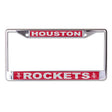 Front view of an NBA license plate frame featuring red Houston Rockets branding on a white background