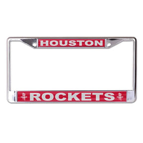 Front view of an NBA license plate frame featuring red Houston Rockets branding on a white background