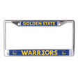 Front view of a Golden State Warriors NBA license plate frame with blue panels and silver border