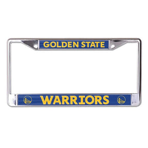 Front view of a Golden State Warriors NBA license plate frame with blue panels and silver border