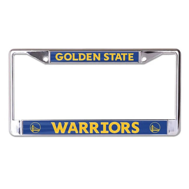 Front view of a Golden State Warriors NBA license plate frame with blue panels and silver border