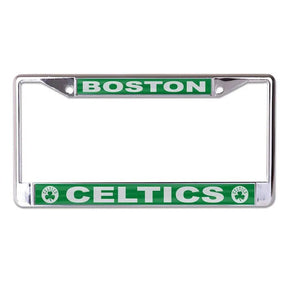 Front view of NBA license plate frame showcasing Boston Celtics team graphics with a white background