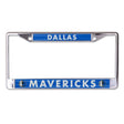 Front view of Dallas Mavericks license plate frame with blue team panels and logos on white