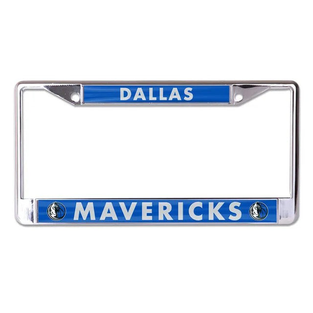 Front view of Dallas Mavericks license plate frame with blue team panels and logos on white
