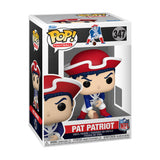 Front three-quarter view of New England Patriots Pat Patriot Funko Pop! Football vinyl figure in boxed packaging