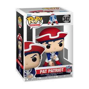 Front three-quarter view of New England Patriots Pat Patriot Funko Pop! Football vinyl figure in boxed packaging