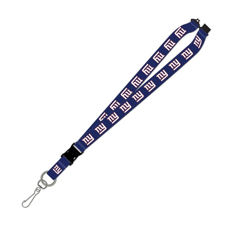 Angled view of a New York Giants blue lanyard showcasing repeated NY logos, metal rings, and a clip on a white background