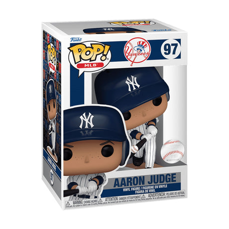 Three-quarter view of Aaron Judge Hitting Funko Pop! 97 showcasing Yankees uniform, bat, and baseball on white background