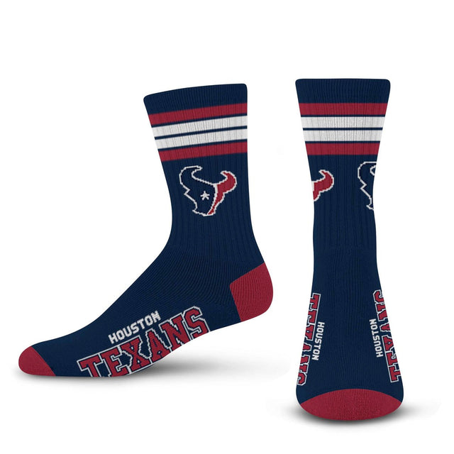 Front and back views of NFL Deuce crew socks showcasing Houston Texans logos and four red and white stripes on a white background
