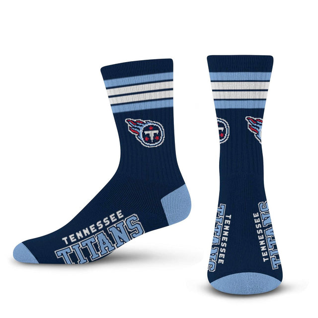 Front and side views of navy NFL Deuce performance crew socks with four stripes and Tennessee Titans graphics on white background