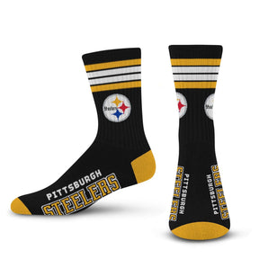 Front and side views of black and gold 4-stripe Deuce socks with Pittsburgh Steelers logos on white