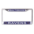 Front view of an NFL license plate frame showcasing Baltimore Ravens team graphics on a white background