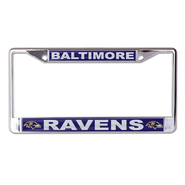 Front view of an NFL license plate frame showcasing Baltimore Ravens team graphics on a white background