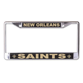 Front view of an NFL license plate frame showcasing Philadelphia Eagles graphics and chrome finish on a white background