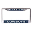 Front view of Denver Broncos NFL license plate frame showcasing silver trim and team branding on a white background