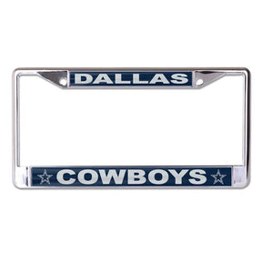 Front view of Denver Broncos NFL license plate frame showcasing silver trim and team branding on a white background