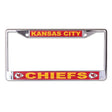 Front view of a license plate frame showcasing Los Angeles Chargers graphics with a white background