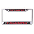 Front view of an NFL license plate frame showcasing Atlanta Falcons graphics with a white background