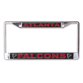 Front view of an NFL license plate frame showcasing Atlanta Falcons graphics with a white background