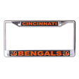 Front view of an NFL Cincinnati Bengals license plate frame showcasing orange team lettering and logos on a white background