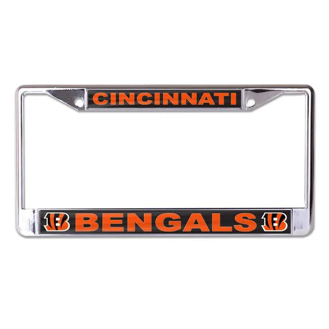 Front view of an NFL Cincinnati Bengals license plate frame showcasing orange team lettering and logos on a white background