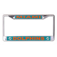 Front view of NFL license plate frame showcasing New England Patriots graphics and chrome finish on a white background