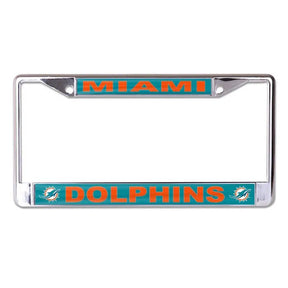 Front view of NFL license plate frame showcasing New England Patriots graphics and chrome finish on a white background