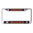 Front view of an NHL license plate frame showcasing Chicago Blackhawks graphics and red accents on a white background