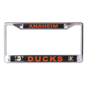 Front view of an NHL license plate frame showcasing Chicago Blackhawks graphics and red accents on a white background