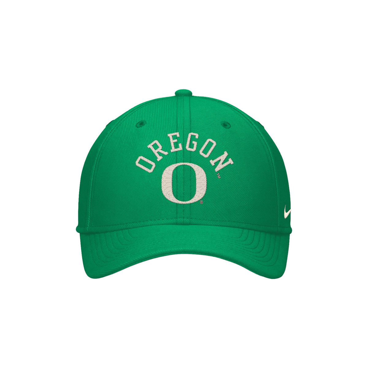 Front view of green Oregon Ducks Nike Campus Prep Chained and Arched hat with O logo and side swoosh on white background