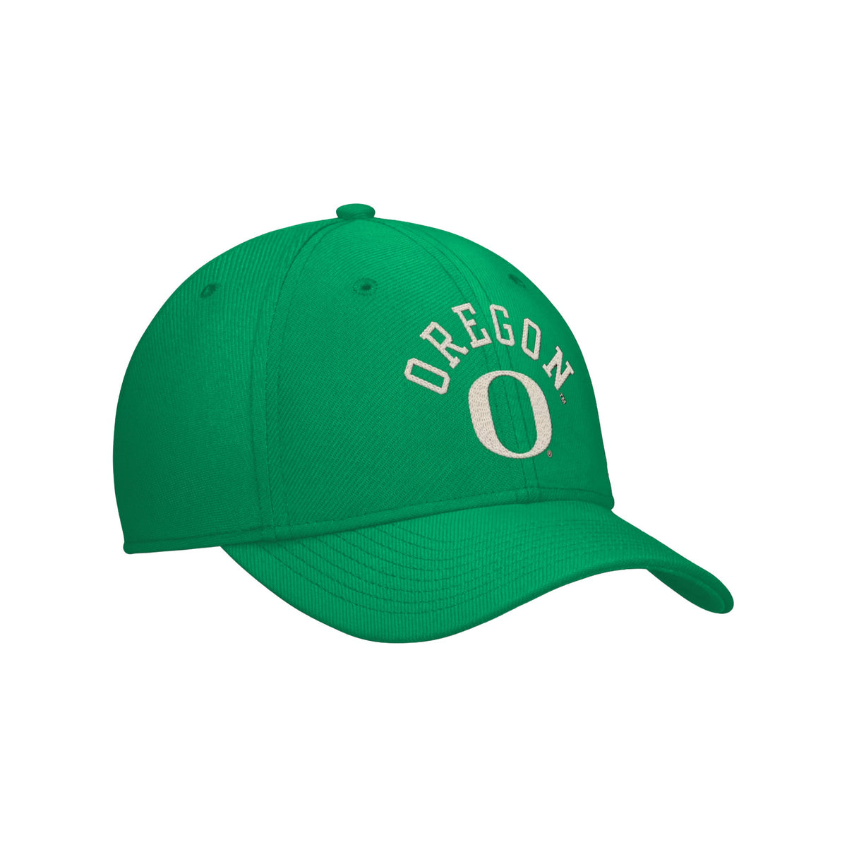 Three-quarter view of green Oregon Ducks Nike Campus Prep hat with chained, arched lettering and curved bill on white