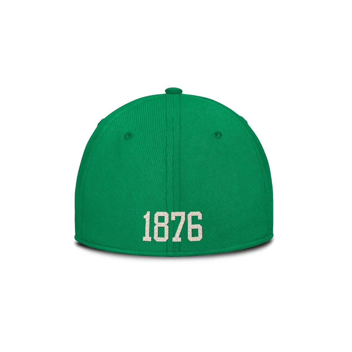 Back view of Oregon Ducks Nike Campus Prep Green SwooshFlex hat showcasing 1876 embroidery on white