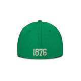 Back view of Oregon Ducks Nike Campus Prep Green SwooshFlex hat showcasing 1876 embroidery on white