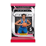 Front view of a Panini 2025-26 Prizm basketball trading card pack featuring a player and 5 cards per pack