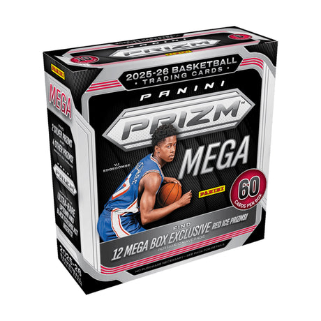 Angled view of Panini 2025-26 Prizm basketball mega box showing 60 cards per box and a basketball player graphic