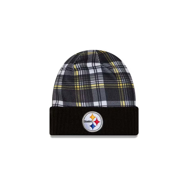 Pittsburgh Steelers Black Plaid Statement Beanie Cuffed Knit Hat - New Era - 