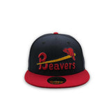 Portland Beavers Script & Beaver Logo Navy/Red Fitted Hat - New Era - 