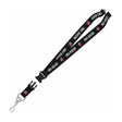 Angled view of Portland Trail Blazers black lanyard showcasing repeating team logos and text with a white background