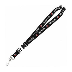 Angled view of Portland Trail Blazers black lanyard showcasing repeating team logos and text with a white background