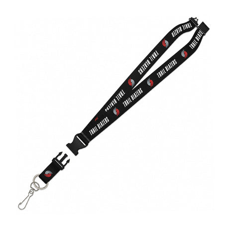 Angled view of Portland Trail Blazers black lanyard showcasing repeating team logos and text with a white background