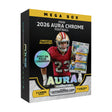 Front three quarter view of Pulse 2026 Aura Chrome Football Mega Box showing Christian McCaffrey and seven cards