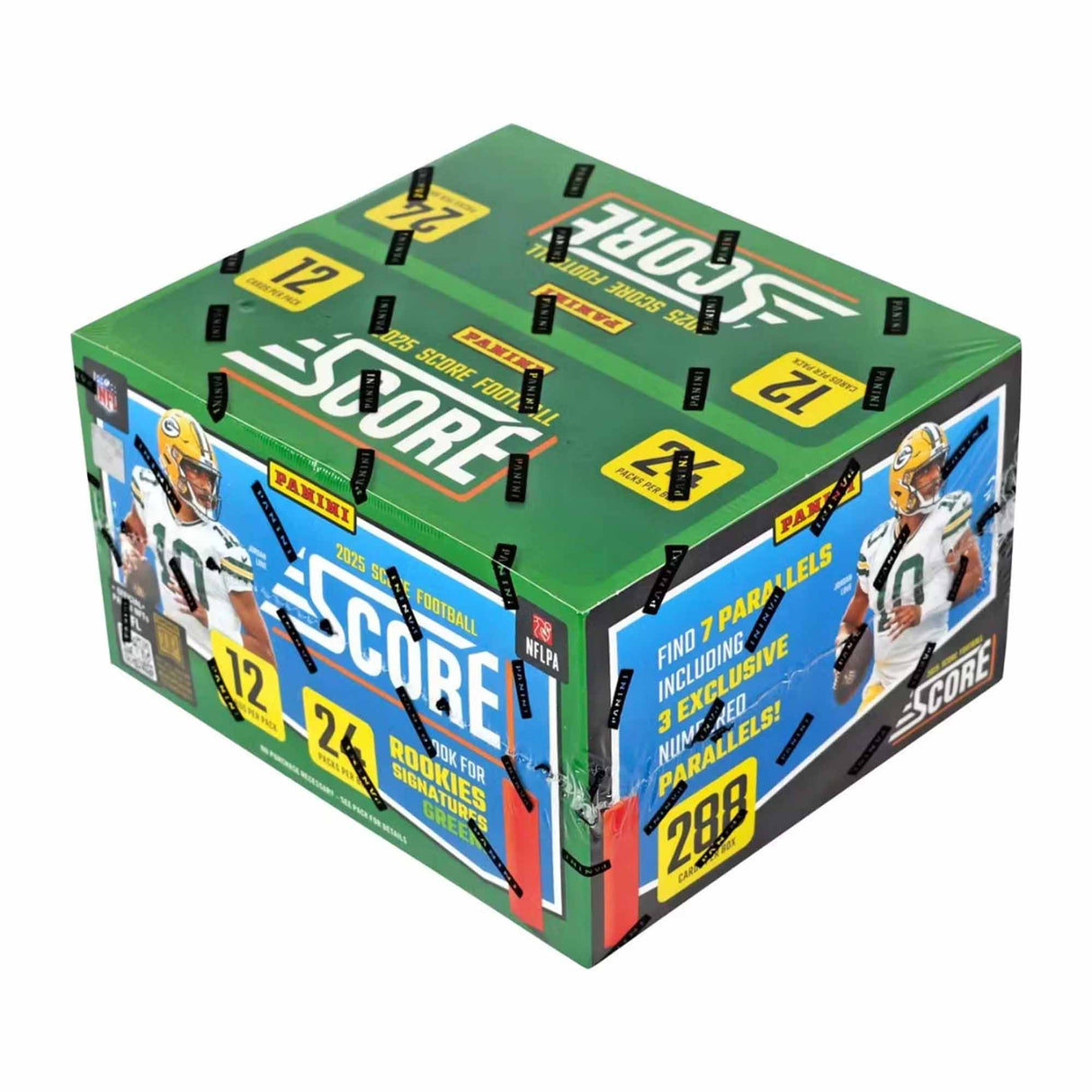2025 Panini Score Football retail box featuring 24 packs and 288 cards, ideal for collectors and fans.