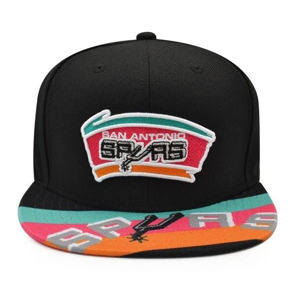 San Antonio Spurs Black Fiesta Script Brim Snapback Hat - Mitchell & Ness - 