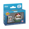 Front three-quarter view of a San Francisco 49ers Bitty Pop helmet and player set in blue retail packaging