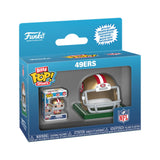 Front three-quarter view of a San Francisco 49ers Bitty Pop helmet and player set in blue retail packaging