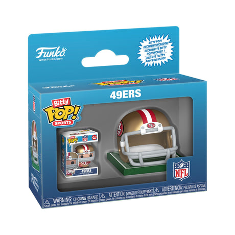 Front three-quarter view of a San Francisco 49ers Bitty Pop helmet and player set in blue retail packaging