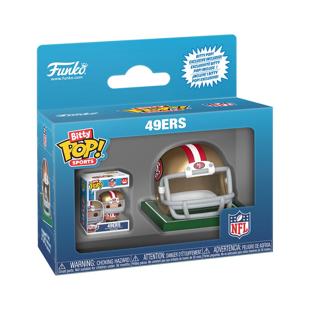 Front three-quarter view of a San Francisco 49ers Bitty Pop helmet and player set in blue retail packaging
