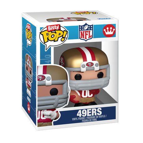 Front view of San Francisco 49ers Bitty Pop vinyl figure and helmet in boxed packaging